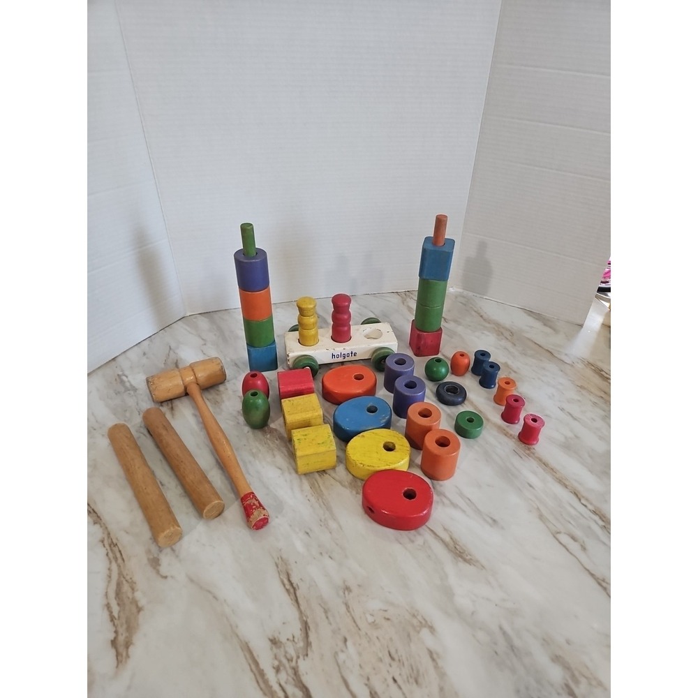 Vtg Lot Of Wooden & holgate Building Blocks Different Sizes & Shapes 38 Pcs